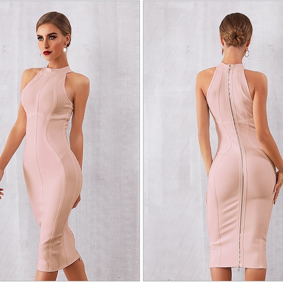 Nude Halter Bandage Bodycon Midi Cocktail Dress - Picture 2 of 11